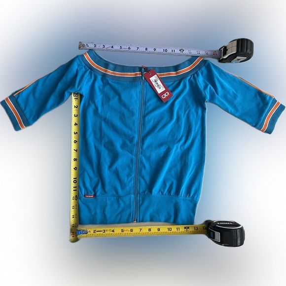 🆕Retro-Style Zip-Up 3/4 Sleeve Shirt | Turquoise | Orange/White Ribbing | Small - Picture 7 of 16